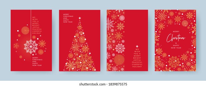 Merry Christmas   Happy New Year Set greeting cards  posters  holiday covers  Xmas Design and beautiful snowflakes in modern line art style red background  Christmas tree  border frame  decor