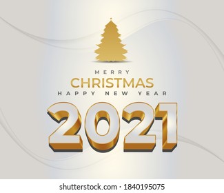 Merry Christmas and happy new year banner with white and gold 3d numbers and golden pine tree