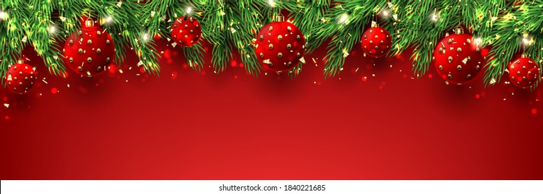 Merry Christmas and Happy New Year banner. Holiday vector illustration with realistic fir-tree branches, Christmas red and golden balls, golden confetti, sparkling light garlands and effect bokeh.