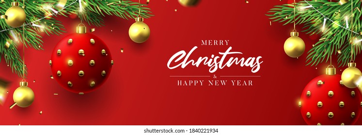 Merry Christmas and Happy New Year banner. Holiday background with realistic Christmas balls, sparkling light garlands, fir-tree branches, confetti and snowflakes. Vector illustration.