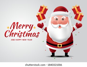 Merry Christmas and Happy New Year. Santa Claus and presents box. greeting card. Vector illustration.