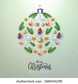 Merry Christmas and Happy New Year greeting card. Christmas holiday background with fir tree, snowflakes, glass balls and stars