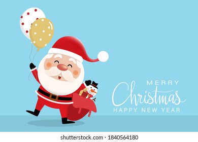 Merry Christmas and happy new year greeting card with cute Santa Claus. Holiday cartoon character vector. Lettering calligraphy hand written.