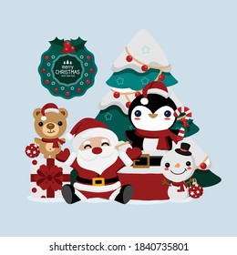 Merry Christmas and happy new year greeting card with Santa Claus, deer, snowman and little elf. Cute cartoon character vector.