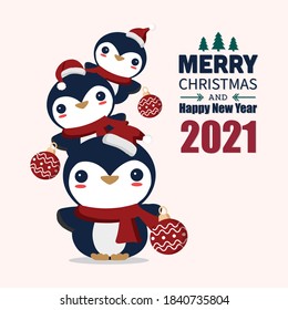 Merry Christmas and happy new year greeting card with Santa Claus, deer, snowman and little elf. Cute cartoon character vector.