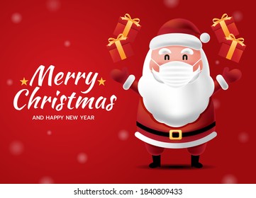 Merry Christmas and Happy New Year. Santa Claus wearing mask with his presents box on red background. Health care during COVID-19 pandemic. Vector illustration.