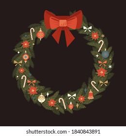 Merry Christmas and Happy New Year Retro Wreath. Christmas Balls and Bow Vector Illustration. Dark Background