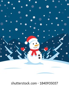 Merry christmas and Happy new year vector greeting card 2021, snowman and winter landscape