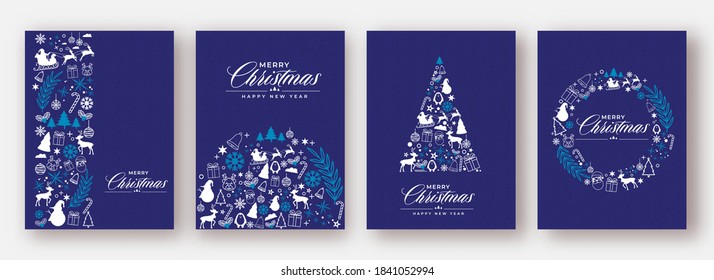 Merry Christmas & Happy New Year Greeting Card Or Template Design Set In Blue Color With Xmas Festival Elements.