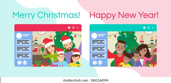 merry christmas and happy new year two families video call conference chatting in social media browser windows vector illustration