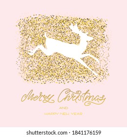 Merry Christmas and Happy New Year. White silhouette of a running deer on a background of golden dust. Can be used for winter greeting card, poster or invitation. Vector 8 EPS.