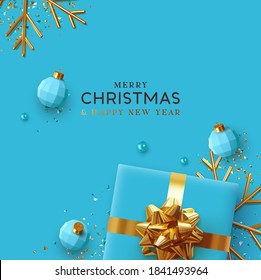 Merry Christmas and Happy New Year. Background with realistic festive gift box. Xmas present. Gift boxes with surprise, Golden Christmas baubles, balls. Flyer and brochure. glitter gold confetti