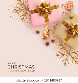 Merry Christmas and Happy New Year. Background Xmas design realistic gifts box, festive decorative objects. flat lay top view. Christmas poster, holiday banner, flyer, stylish brochure, greeting card