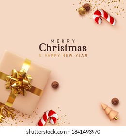 Merry Christmas and Happy New Year. Background Xmas design realistic gifts box, festive decorative objects. flat lay top view. Christmas poster, holiday banner, flyer, stylish brochure, greeting card