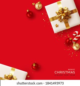 Merry Christmas and Happy New Year. Background with realistic festive gift box. Xmas present. Gift boxes with surprise, Golden Christmas baubles, balls. Flyer and brochure. glitter gold confetti