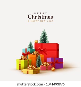 Merry Christmas and Happy New Year design. Realistic pile gifts boxes. Big lot gift box decorative festive object. Holiday banner, web poster, flyer, stylish brochure, greeting card. Xmas background