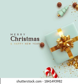 Merry Christmas and Happy New Year. Background Xmas design realistic gifts box, festive decorative objects. flat lay top view. Christmas poster, holiday banner, flyer, stylish brochure, greeting card