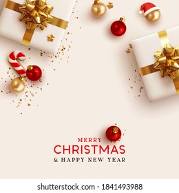 Merry Christmas and Happy New Year. Background Xmas design realistic gifts box, festive decorative objects. flat lay top view. Christmas poster, holiday banner, flyer, stylish brochure, greeting card