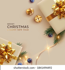 Merry Christmas and Happy New Year. Background Xmas design realistic gifts box, festive decorative objects. flat lay top view. Christmas poster, holiday banner, flyer, stylish brochure, greeting card