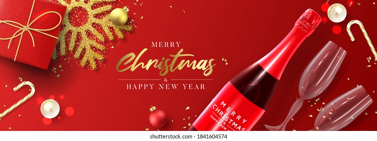 Merry Christmas and Happy New Year banner. Holiday background with realistic red gift box, light garlands, wall clock, champagne bottle Christmas balls, confetti and snowflake. Vector illustration.