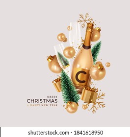 Merry Christmas and Happy New Year. Xmas Festive background with realistic 3d objects champagne bottle, gift boxes, bauble balls, green christmas tree. Levitation falling design composition.