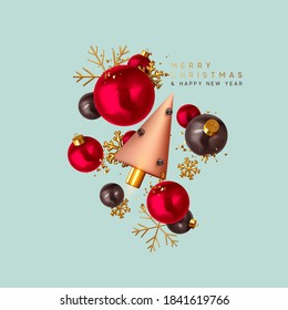 Merry Christmas and Happy New Year. Xmas Festive background with realistic 3d objects, black and red bauble balls, conical metal christmas tree. Gold snowflake. Levitation falling design composition.