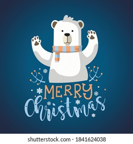 Merry Christmas and Happy New Year. Christmas Cute Animals Character. Happy Christmas Companions. Polar Bear in snow scene. Winter landscape.