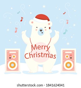 Merry Christmas and Happy New Year. Christmas Cute Animals Character. Happy Christmas Companions. Polar Bear in snow scene. Winter landscape.