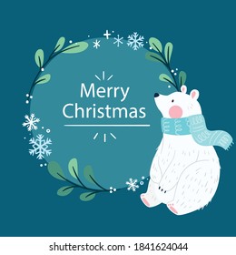 Merry Christmas and Happy New Year. Christmas Cute Animals Character. Happy Christmas Companions. Polar Bear in snow scene. Winter landscape.