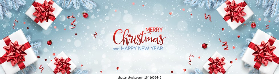 Merry Christmas and Happy New Year text on blue snowy background with gift box, red ribbon, decoration, sparkles, confetti, bokeh. Xmas holiday card. Vector Illustration, realistic vector