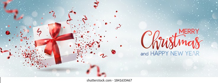 Merry Christmas and Happy New Year text on blue snowy background with gift box, red ribbon, decoration, sparkles, confetti, bokeh. Xmas holiday card. Vector Illustration, realistic vector