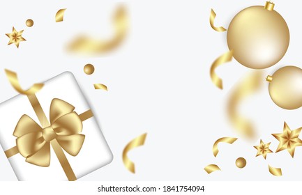 Merry Christmas and Happy New Year greeting card with festive Christmas balls and gifts. Vector holiday illustration