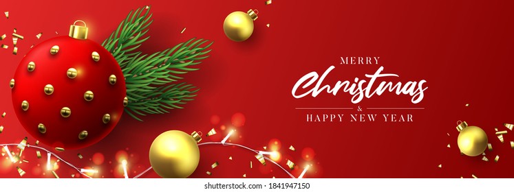 Merry Christmas and Happy New Year banner. Holiday background with realistic Christmas balls, sparkling light garlands, fir-tree branches and confetti. Vector illustration.