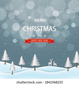 Merry Christmas and happy new year greeting card,winter night landscape with text on gray background,vector illustration