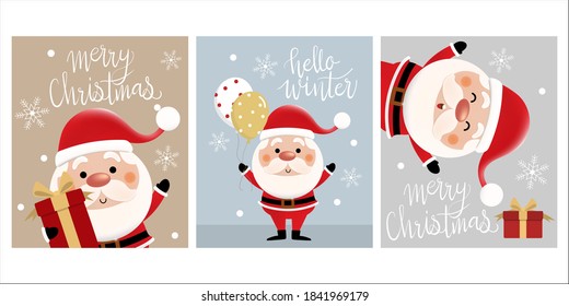 Merry Christmas and happy new year greeting card with cute Santa Claus collection. Holiday cartoon characters set. -Vector