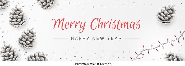 Merry Christmas and Happy New Year Invitation. Christmas Background with Pinecones, Led Lights, Caligraphy Text. Creative Design Greeting Card, Banner, Poster. Top View , Xmas Decoration. 3D Vector