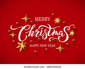 Merry Christmas and Happy New Year greeting card with golden star. Hand drawn lettering Merry Christmas. Vector illustration