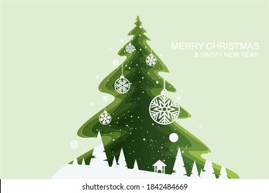 Merry Christmas and Happy New Year text label on a winter background with snow and snowflakes in Christmas tree frame.