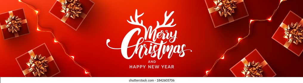 Merry Christmas & Happy New Year Promotion Poster or banner with red gift box and LED String lights for Retail,Shopping or Christmas Promotion in red and black style.