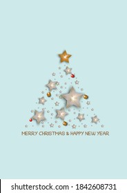 Merry Christmas and Happy New Year greeting card, vector illustration on a blue background.