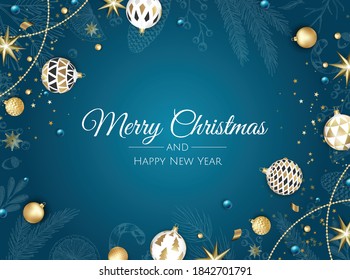 Merry Christmas and Happy New Year. Xmas background with xmas tree, Snowflakes, star and balls design.