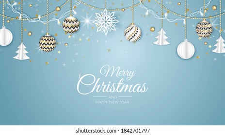 Merry Christmas and Happy New Year. Xmas background with xmas tree, Snowflakes, star and balls design.