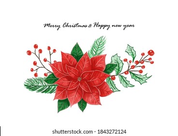 Merry Christmas and happy new year festival with poinsettia flower or Christmas Star and Christmas plant watercolor background vector 