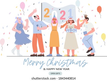 Merry Christmas and happy new year banner, flyer, landing page with people having fun and holding flag with 2020 numbers of the next year. Christmas party with baloons and gifts and smiling people.