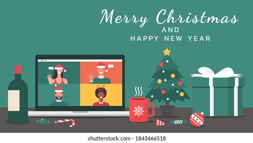 Merry Christmas and happy new year text banner concept, people meeting together online via video calling on laptop, working place and desk, flat vector illustration