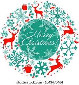 Merry Christmas and Happy New Year greeting card. Frame decoration with deer, nature and holiday ornaments. Vector illustration