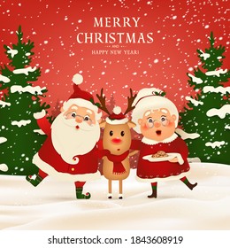 Merry Christmas. Happy new year. Funny Santa Claus with cute Mrs. Claus, red-nosed Reindeer in Christmas snow scene winter landscape. Mrs. Claus Together. Vector cartoon character of Santa Claus.