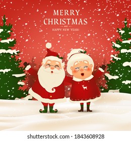 Merry Christmas. Happy new year. Funny Santa Claus with cute Mrs. Claus in Christmas snow scene winter landscape. Mrs. Claus Together. Vector cartoon character of Santa Claus and his wife.