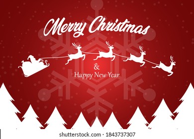 Merry Christmas and happy new year illustration Santa Claus ride sleigh drawn flying reindeer