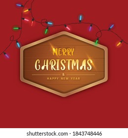 Merry Christmas and happy new year in Wooden frame on Red background. Brochure design template, Card, Banner, vector illustration.